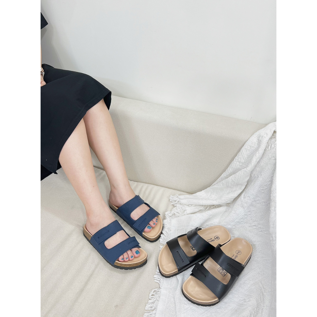 Giày dép đế trấu nam nữ  DETAUNISEX 2 quai ngang tiện dụng Birken lót si kem - DETA25X