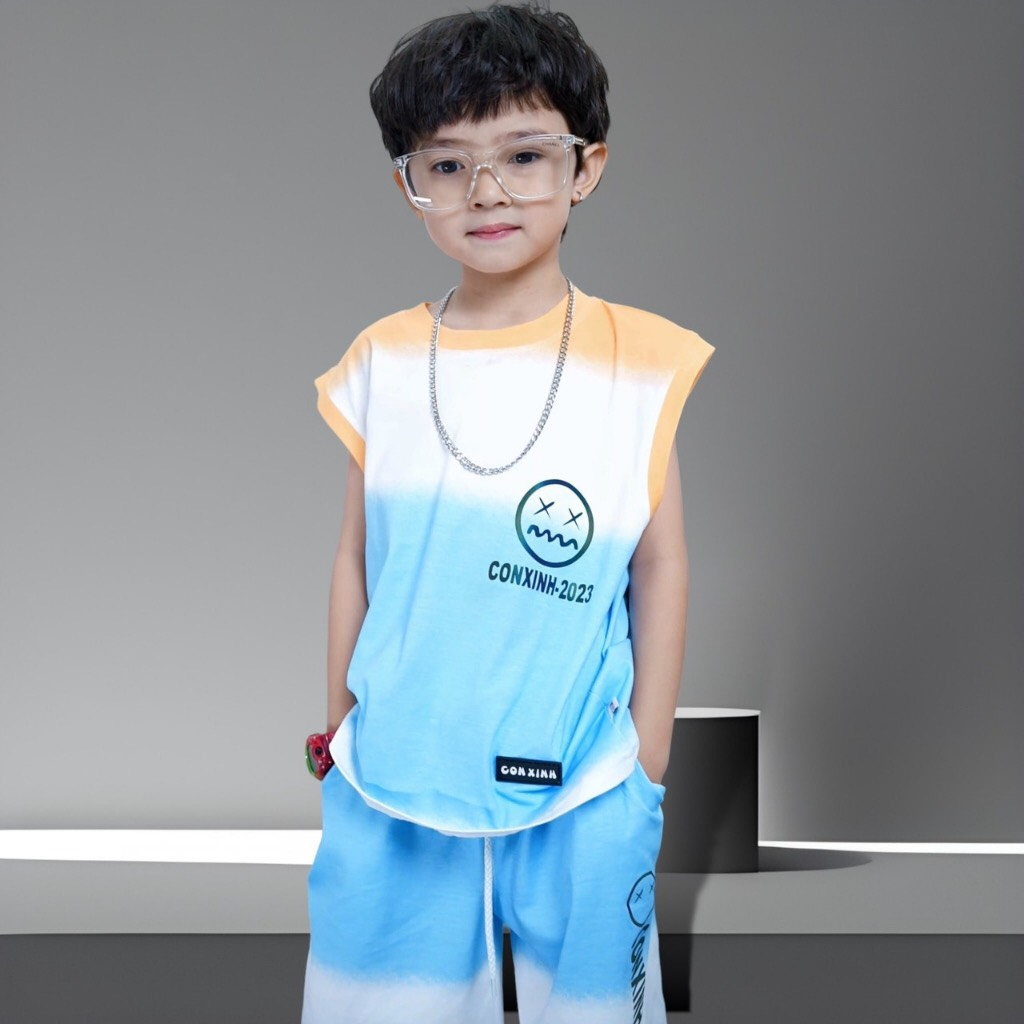 Bộ sát nách mùa hè bé trai in loang phản quang 7 màu Chan Chan 2023, thời trang cho bé từ 15 đến 50kg