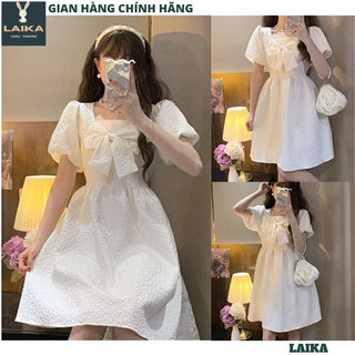 Đầm nữ gấm xốp nơ ngực tay bồng cổ vuông - Váy trắng ngắn xòe tiểu thư sang chảnh xinh đẹp hot LAIKA V110