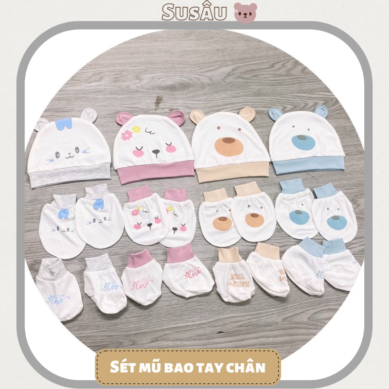 Sét Mũ Bao Tay Bao Chân Hoạ Tiết Gấu -Thỏ -Mèo Chất Petit MỀm Mịn