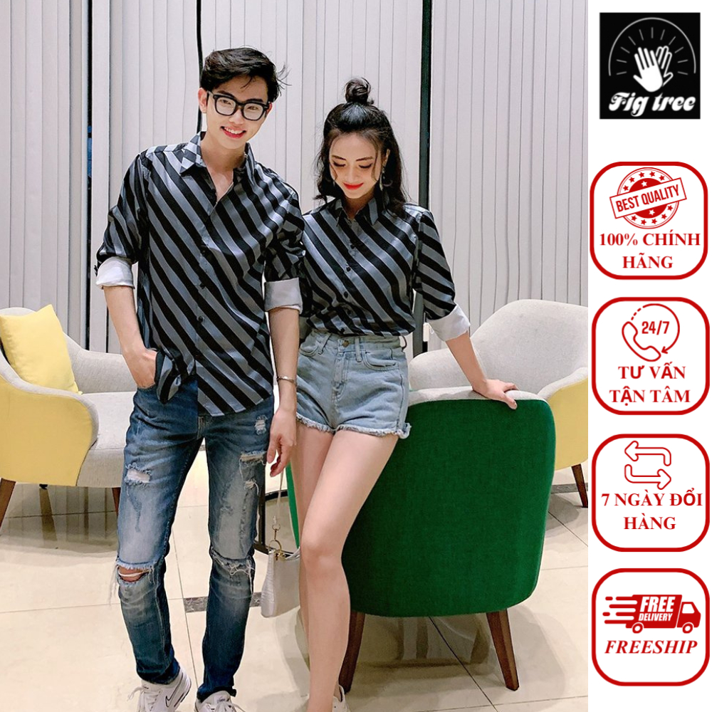 Áo Sơ Mi Cặp Thương Hiệu FIGTREE Sọc Chéo Mã 153A Hot Hit