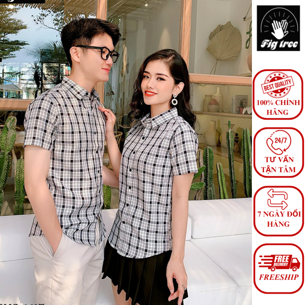 Áo Sơ Mi Cặp FIG TREE Tay Ngắn Caro Trắng Đen Đơn Giản Dễ Phối Đồ