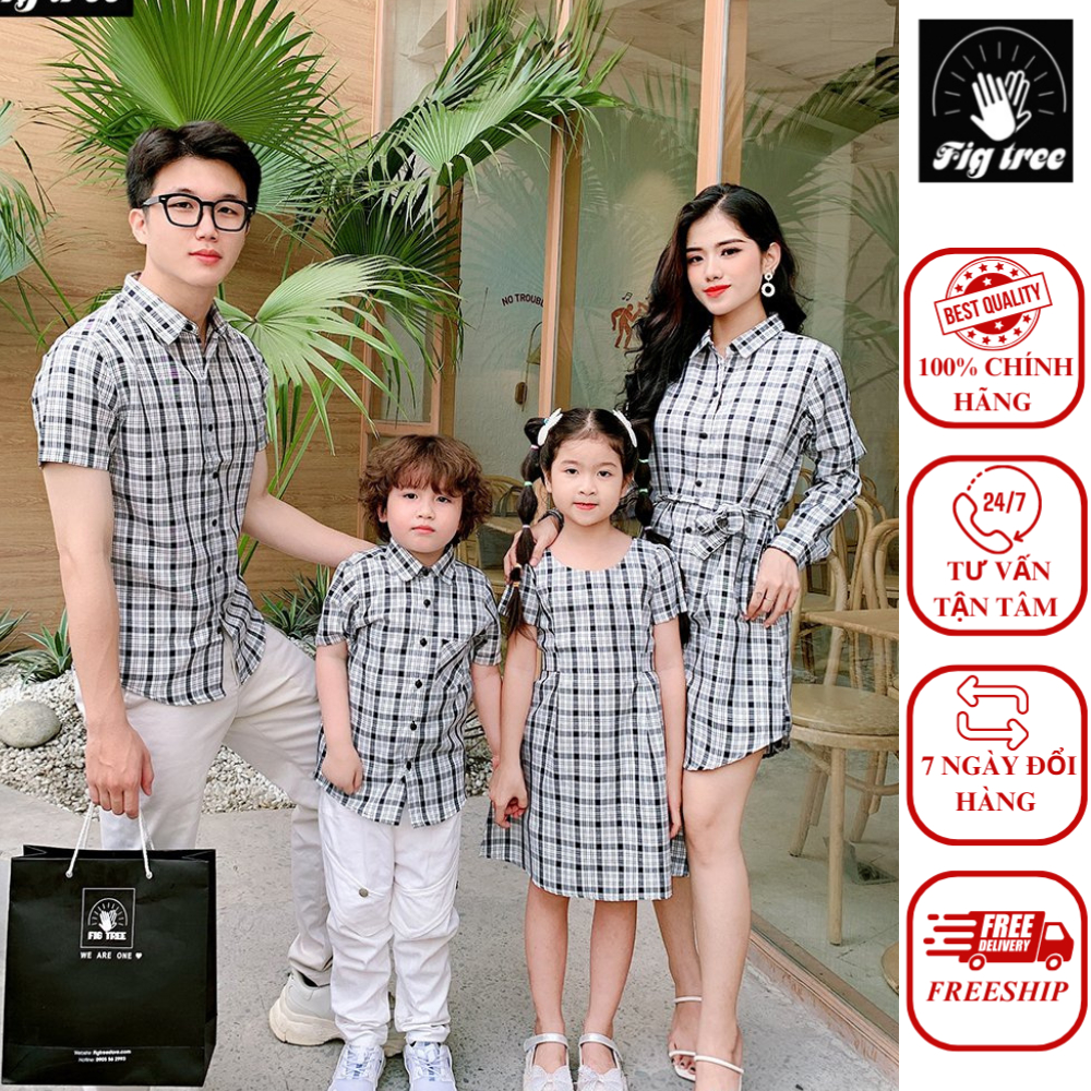 Set Sơ Mi Váy Gia Đình FIGTREE Caro Trắng Đen Mã 160T