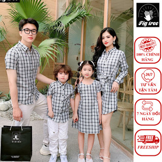 Set Sơ Mi Váy Gia Đình FIGTREE Caro Trắng Đen Mã 160T