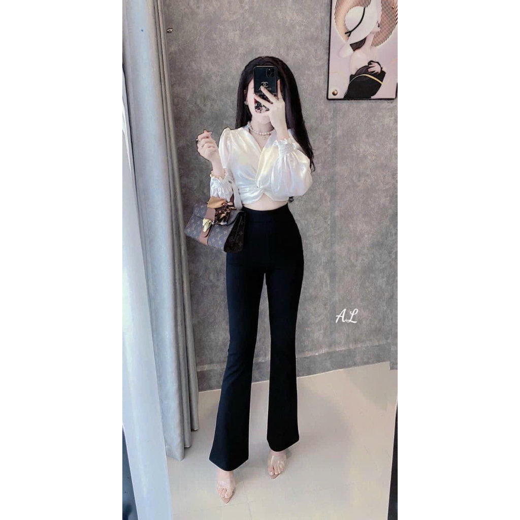 Set 2 món nữ áo sơ mi lụa tay dài mix cùng quần ống loe siêu hack dáng cho mấy nàng diện đi chơi đi tiệc rẩt xinh xắn