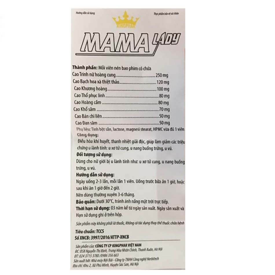 viên uông MAMA LADY KINGPHAR - Hỗ trợ điều hòa nội tiết cho phái nữ Giam u tử cung, u buồng trứng, u v/u.
