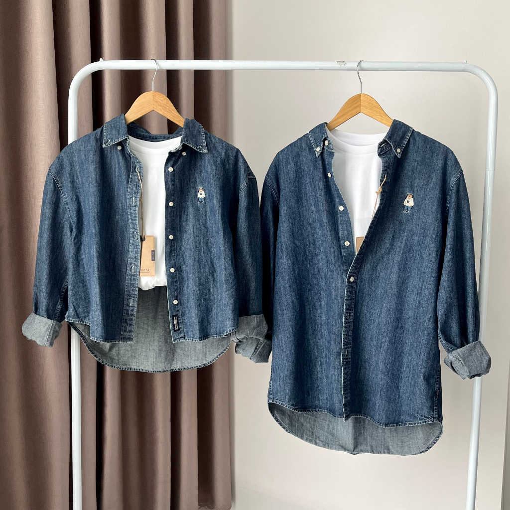 【Authentic】Áo sơ mi màu jean Whoau chính hãng Hàn Quốc dài tay năng động nam nữ | WHYJD2323U