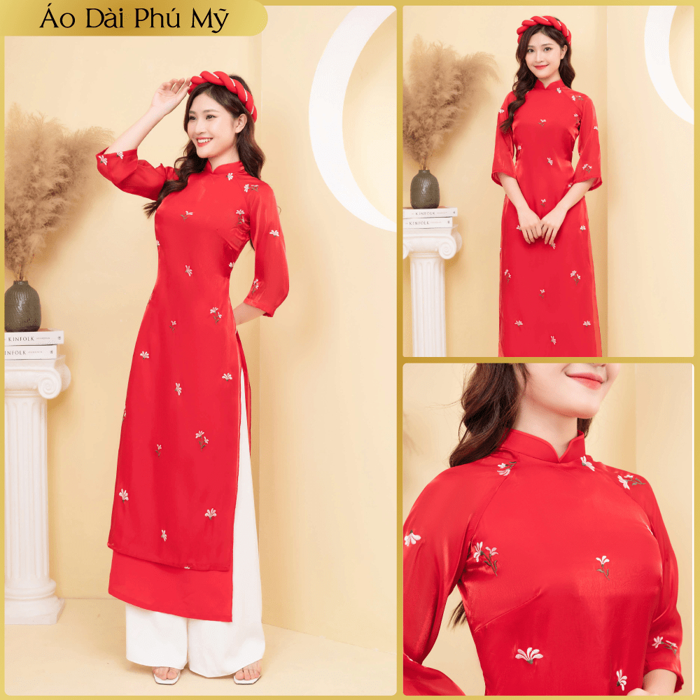 Áo dài cách tân thêu hoa nổi vải voăn tơ cao cấp