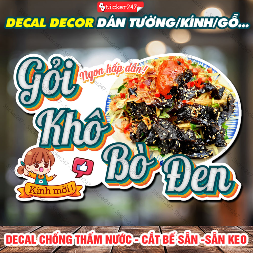Tranh Dán Tường Gỏi Khô Bò Đen 🌈 Decal Dán Tường Trang Trí Quán Ăn - Sticker Gỏi Khô Bò Món Ăn Việt Nam Chống Nước