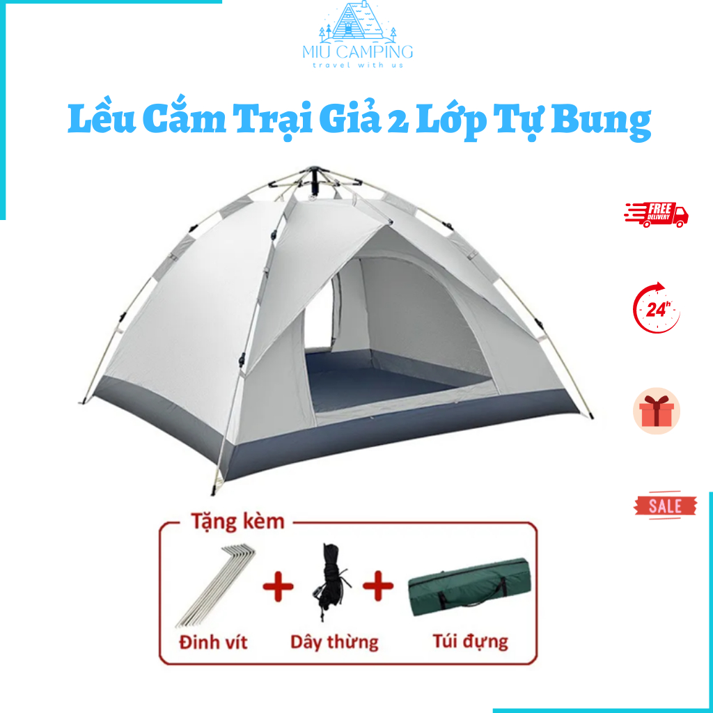 Lều cắm trại giả 2 lớp tự bung, Lều dã ngoại thoáng mát cách nhiệt chống nước dành cho 2 - 4 người - Miu Camping