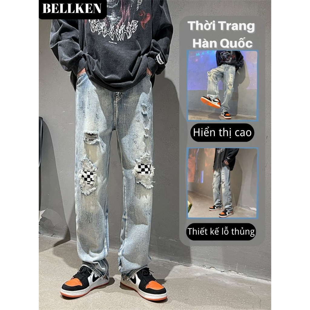 Ready stock Quần jean baggy nam rách gối gấu ống suông rộng chất vải bò cao cấp Ullzang hàn quốc quần rách jean nam