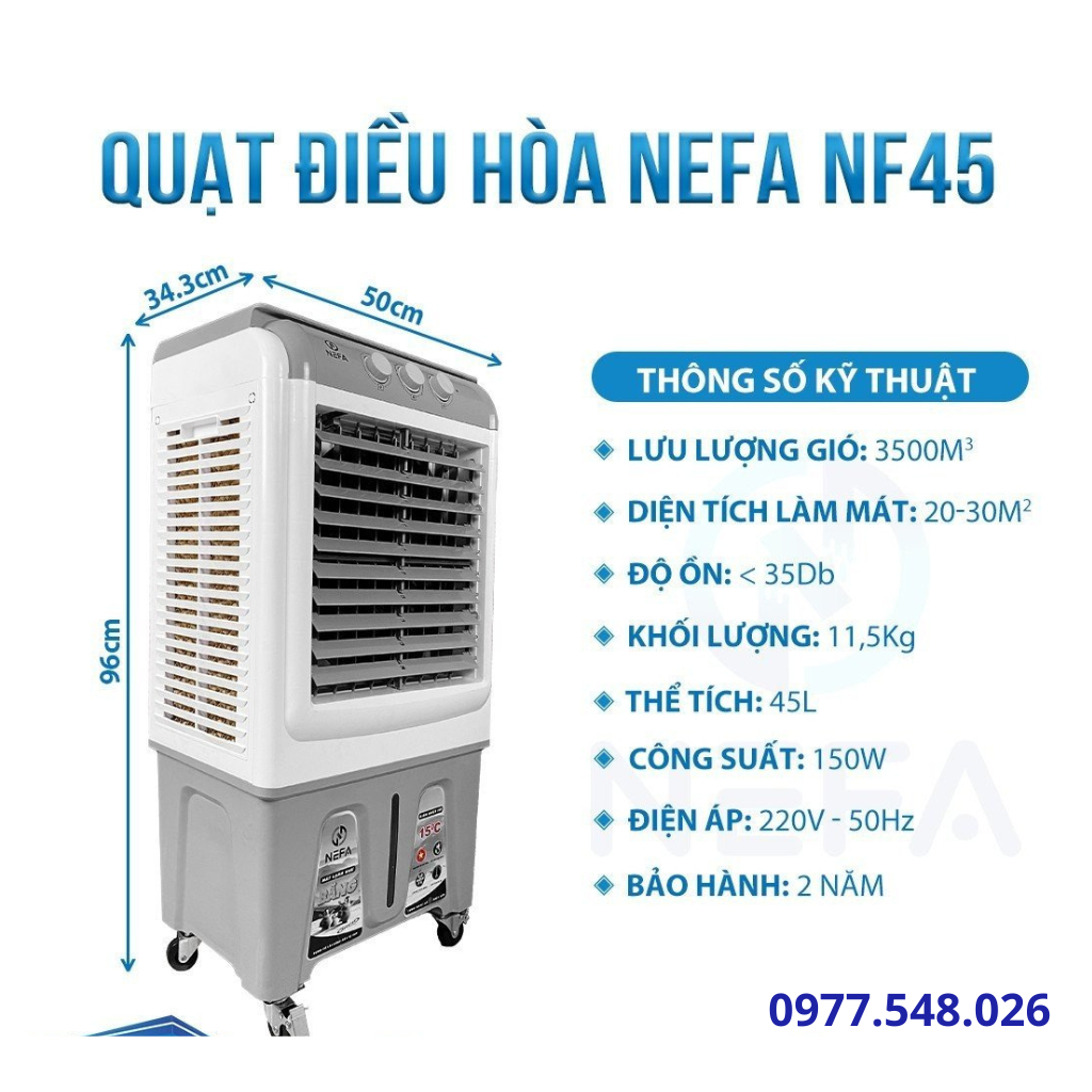 Quạt điều hòa NEFA NF45L gia đình làm mát tiết kiệm điện lọc không khí, Quạt hơi nước cân bằng độ ẩm bảo hành 2 năm