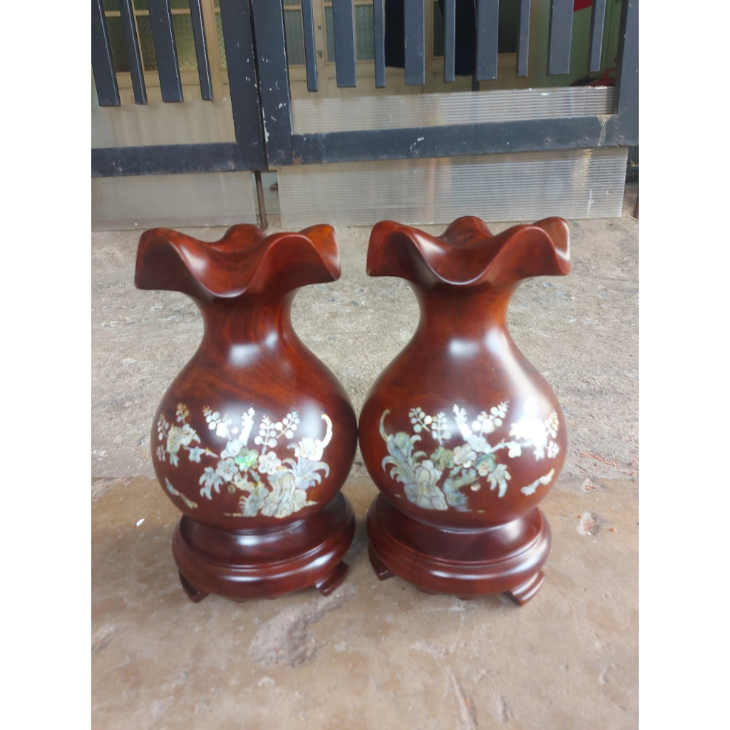 Cặp Lục bình hoa huệ gỗ lim cẩn hình hoạ tiết hàng nguyên khối cao 20-24-30 cm