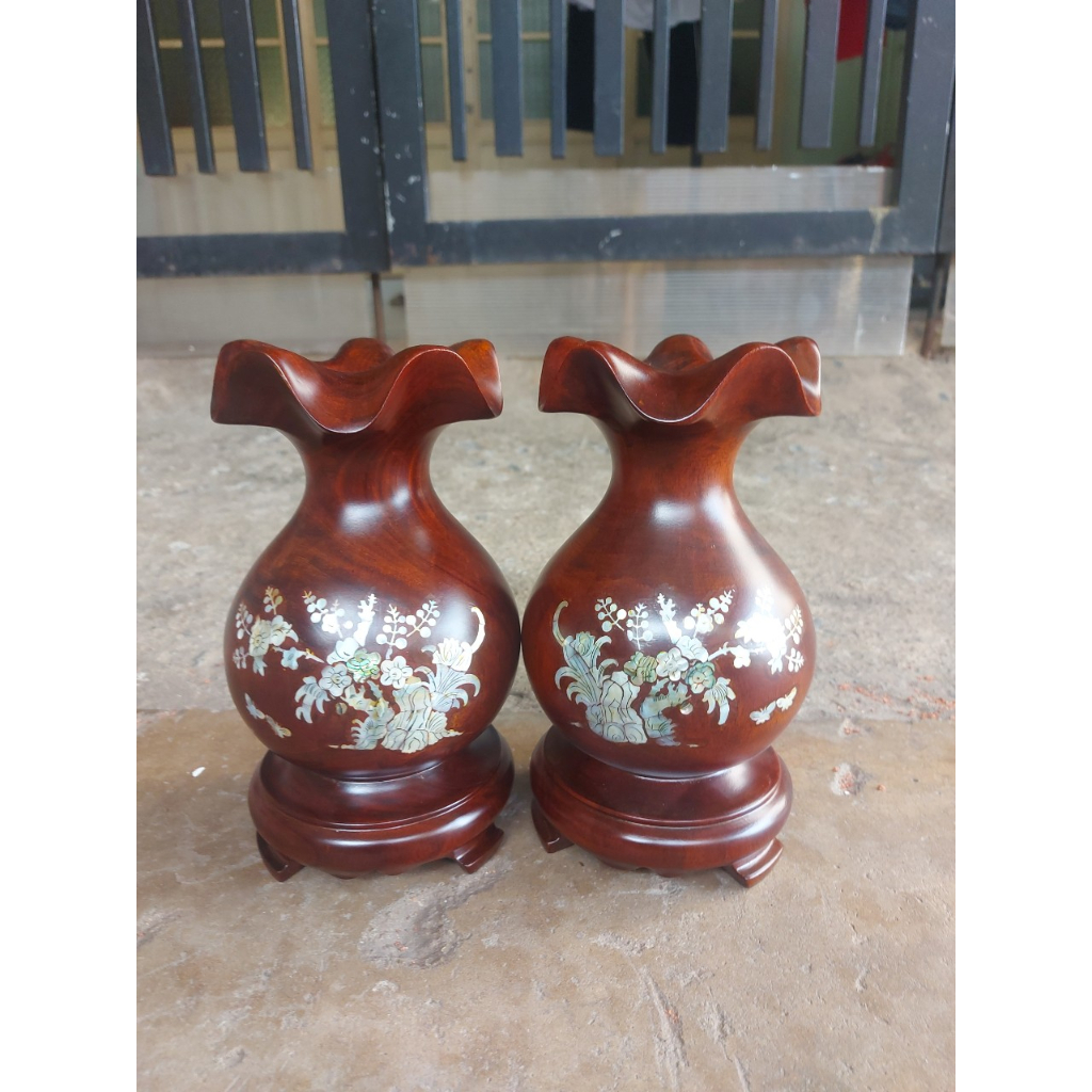 Cặp Lục bình hoa huệ gỗ lim cẩn hình hoạ tiết hàng nguyên khối cao 20-24-30 cm