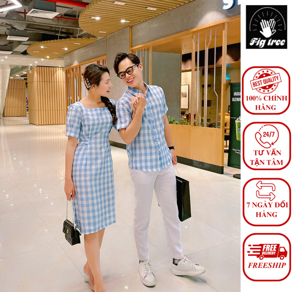 Set Áo Sơ Mi Đôi FIGTREE Caro Xanh Nhã Nhặn MÃ 133A