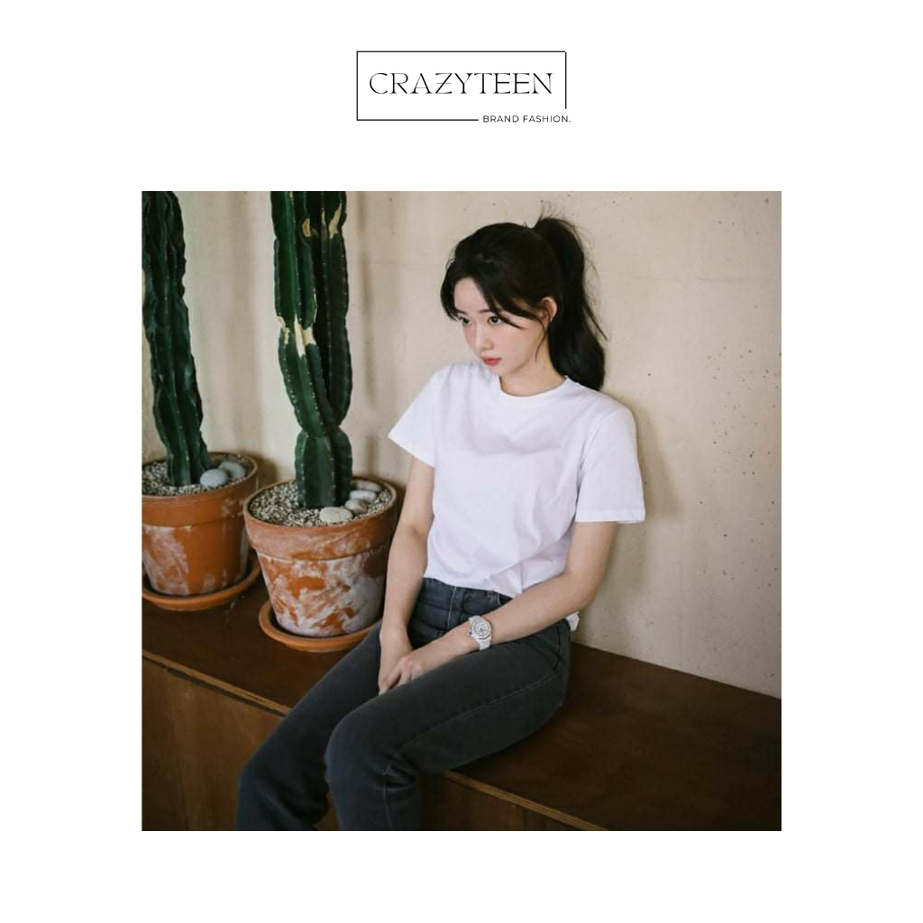 Áo thun nữ trắng form vừa cổ tròn tay ngắn , áo phông trắng chất vải cotton mềm mịn thoáng mát Crazyteen ATT