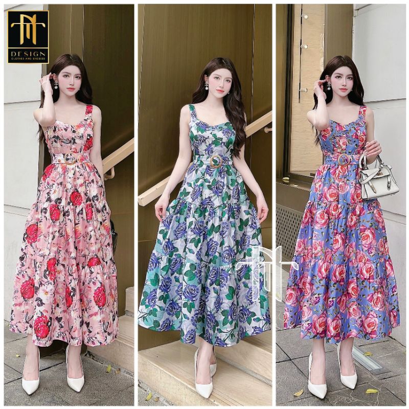 Váy 2 dây kèm đai, hoa 3D sắc nét. hàng 2 lớp lụa mướt mịn size sml hồng- xanh- tím