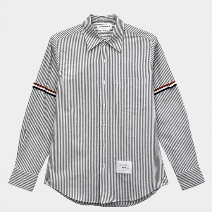 Áo Sơ Mi THOM BROWNE Dài Tay Kẻ Xám Vải Cao Cấp