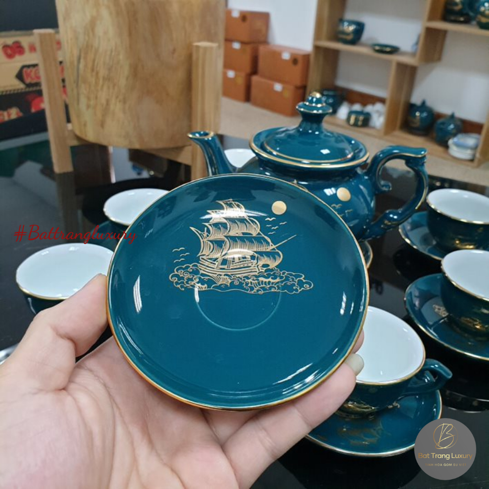Bộ Ấm Chén Uống Trà, Bộ Ấm Chén Bát Tràng Cao Cấp - Thuận Buồm Xuôi Gió Xanh Mallard
