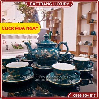 Bộ ấm chén uống trà, bộ ấm chén bát tràng cao cấp - vinh hoa phú quý xanh mallard