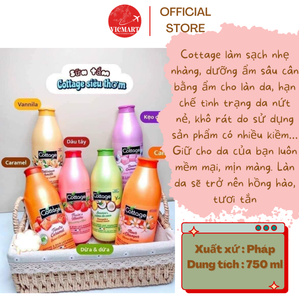 Sữa tắm Cottage chính hãng của Pháp 750ml (nhiều mùi lựa chọn)