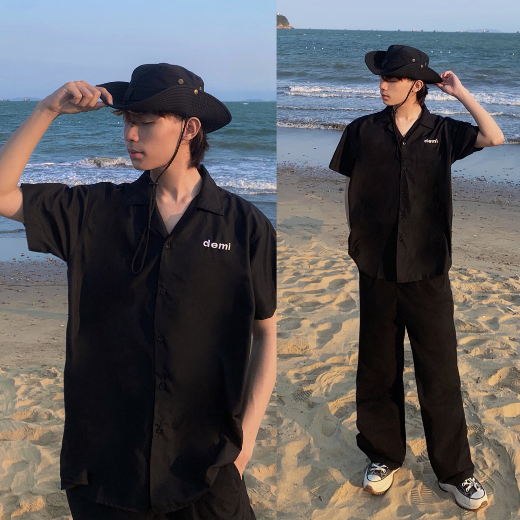 Áo sơ mi nam nữ local brand giá rẻ, sơ mi local brand tay ngắn form rộng màu trắng, đen, xanh lá DEMI | DE-S34 | BigBuy360 - bigbuy360.vn