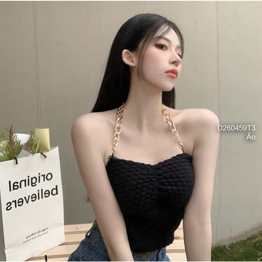 Áo croptop dây xích choàng cổ có cúp ngực