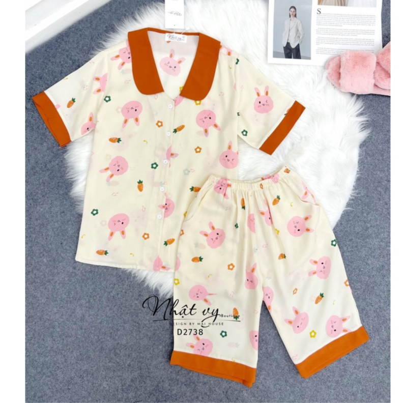 Set bộ lửng mặc nhà nữ Nhật Vy nhiều họa tiết phối cổ sen xinh xắn chất mango mát mịn thoải mái - D2738