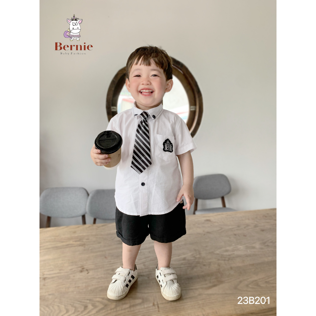 Set bộ sơ mi cộc tay đính tag kèm cà vạt kẻ Bernie cho bé