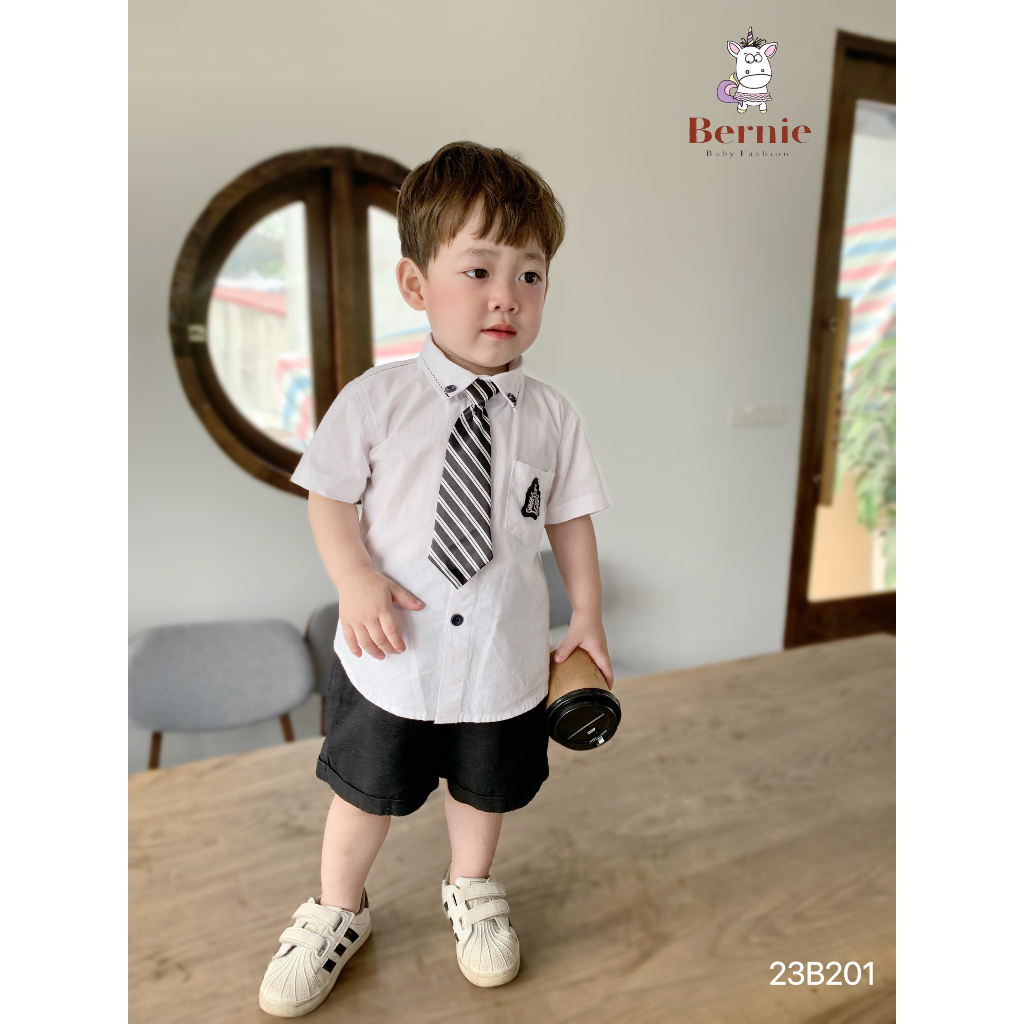 Set bộ sơ mi cộc tay đính tag kèm cà vạt kẻ Bernie cho bé