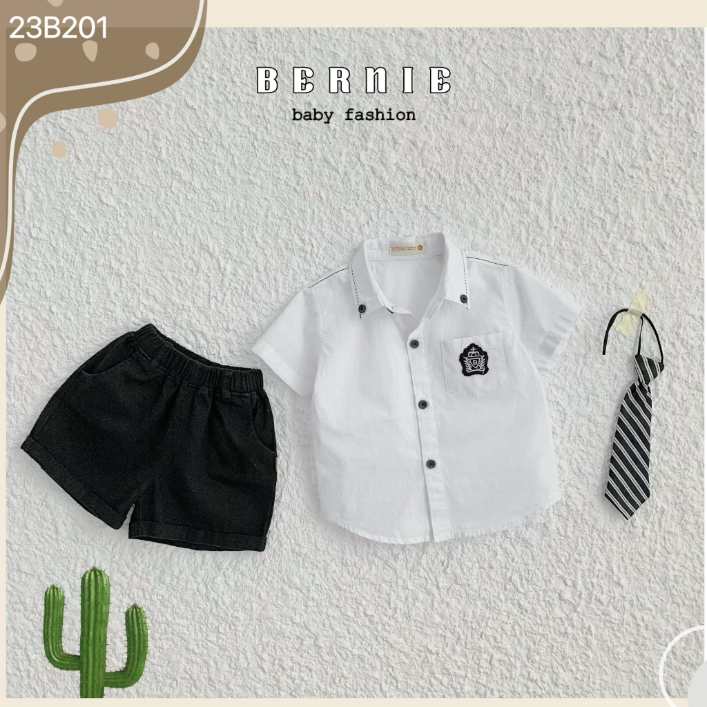 Set bộ sơ mi cộc tay đính tag kèm cà vạt kẻ Bernie cho bé