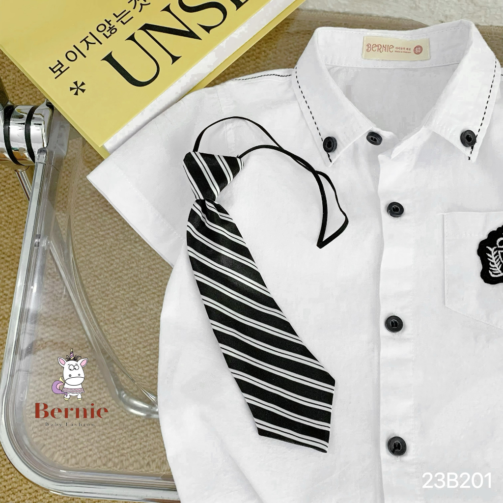 Set bộ sơ mi cộc tay đính tag kèm cà vạt kẻ Bernie cho bé