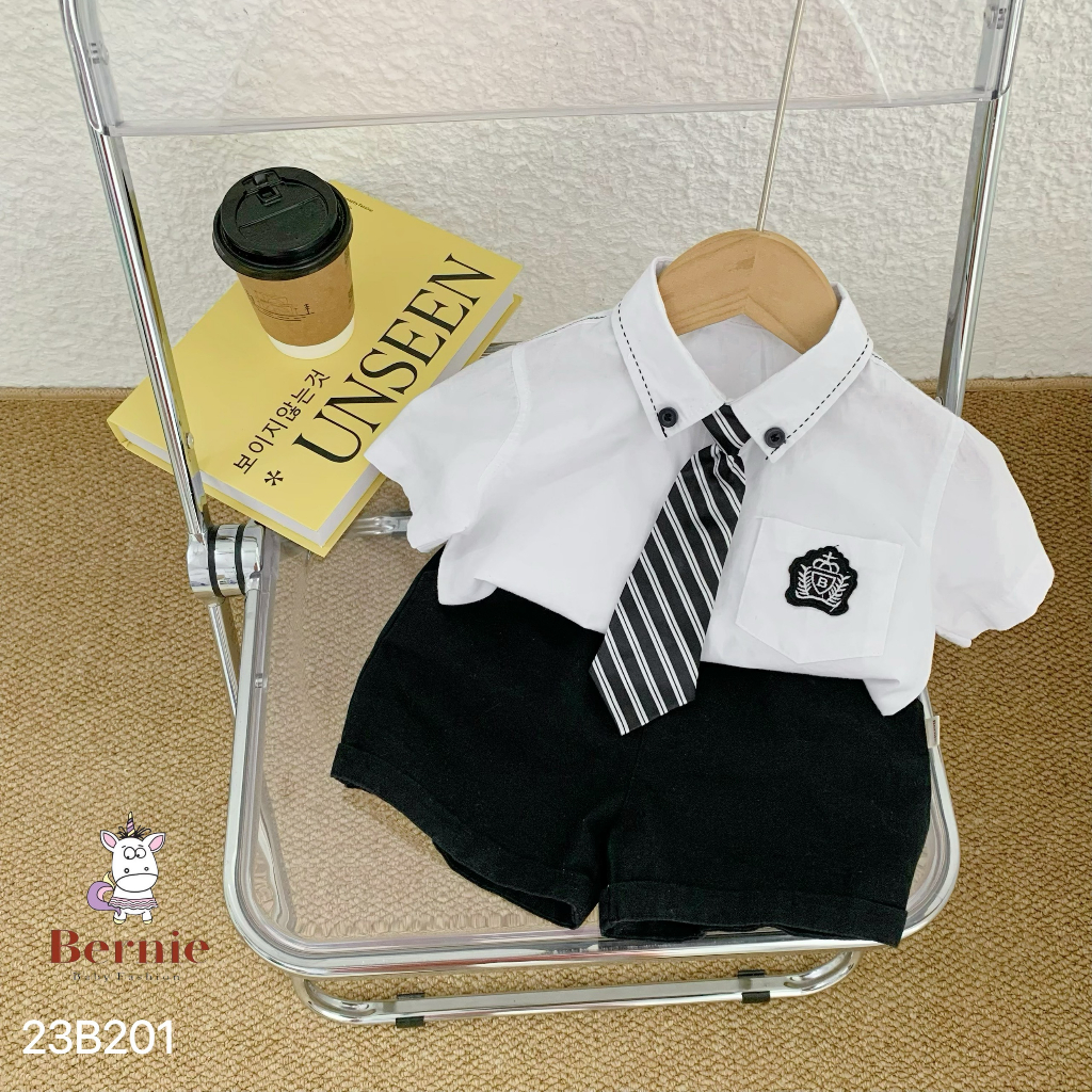 Set bộ sơ mi cộc tay đính tag kèm cà vạt kẻ Bernie cho bé