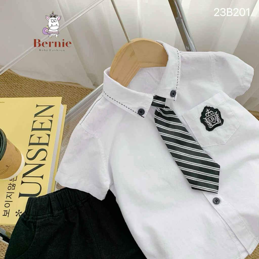 Set bộ sơ mi cộc tay đính tag kèm cà vạt kẻ Bernie cho bé