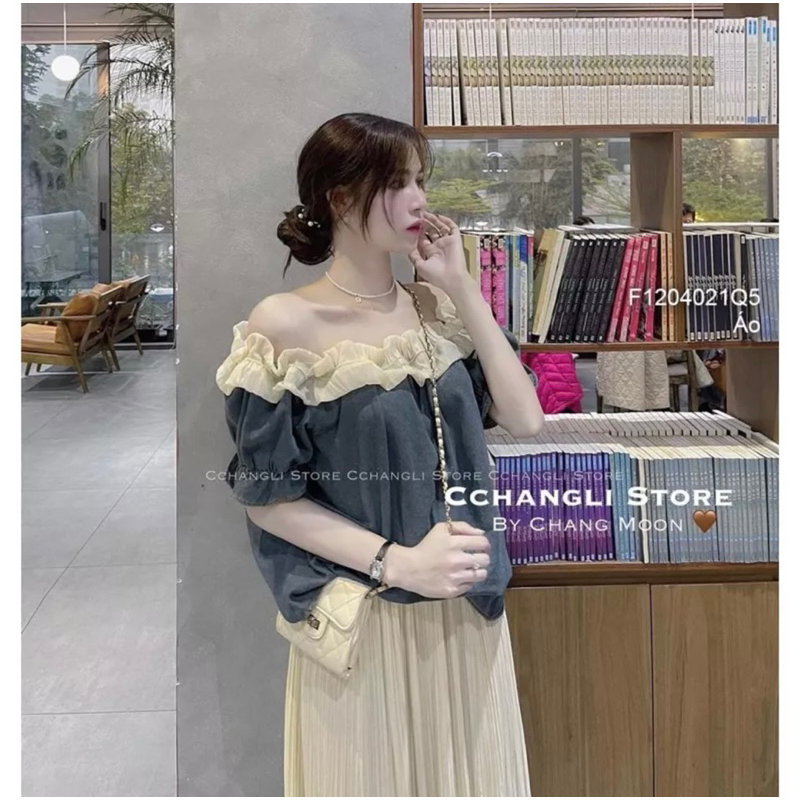 ÁO TRỄ VAI TAY NGẮN DENIM XANH ĐẬm BÈO NHÚN TIỂU THƯ QUẢNG CHÂU-SẴN