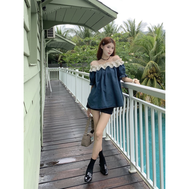 ÁO TRỄ VAI TAY NGẮN DENIM XANH ĐẬm BÈO NHÚN TIỂU THƯ QUẢNG CHÂU-SẴN