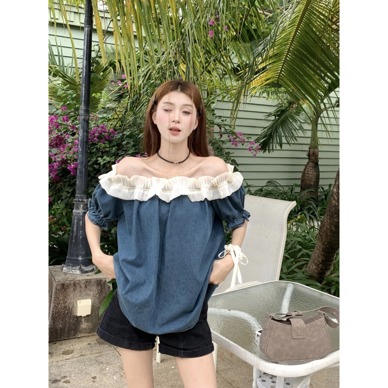 ÁO TRỄ VAI TAY NGẮN DENIM XANH ĐẬm BÈO NHÚN TIỂU THƯ QUẢNG CHÂU-SẴN