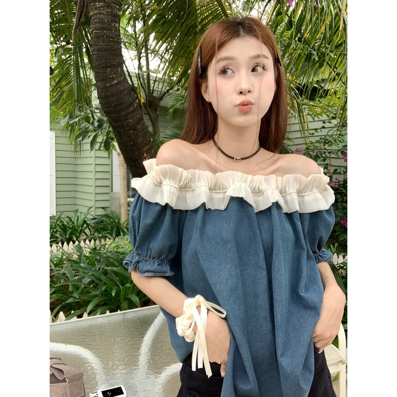 ÁO TRỄ VAI TAY NGẮN DENIM XANH ĐẬm BÈO NHÚN TIỂU THƯ QUẢNG CHÂU-SẴN