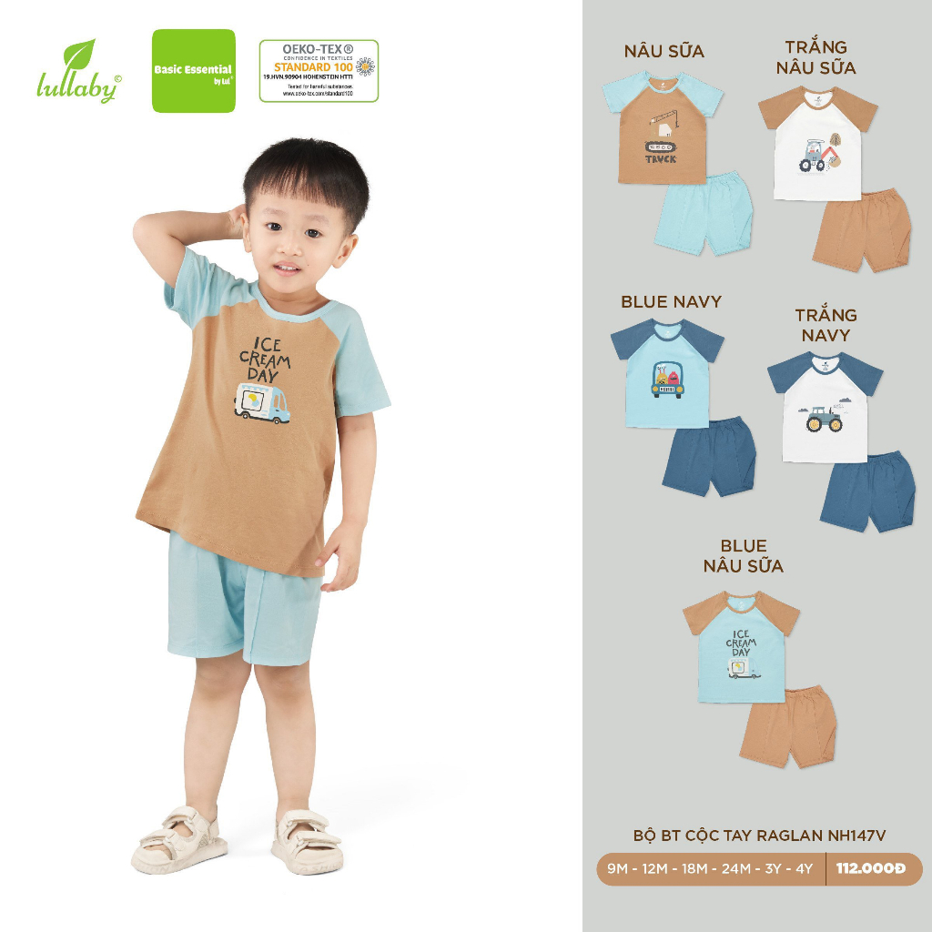 Bộ cộc tay raglan quần đùi cotton bé trai họa tiết đáng yêu NH147V Lullaby
