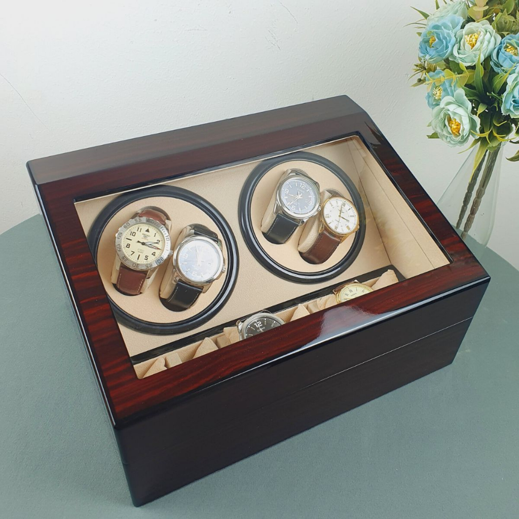 Hộp đựng đồng hồ, hộp 4 xoay 6 trưng bày cho đồng hồ cơ bằng gỗ cao cấp phủ sơn bóng sang trọng