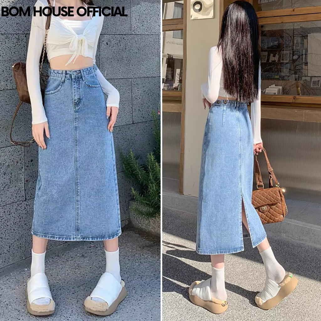 Chân Váy Jean Dài Nữ BOM HOUSE Xẻ Sau Cạp Cao Dáng Dài Thanh Lịch