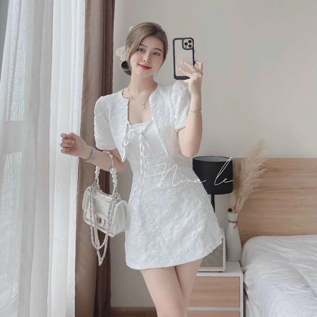 [5.5 Sales Freeship] Đầm tiểu thư đi tiệc, đầm gấm xốp 2 dây kèm áo khoác tay bồng croptop cột dây ngực siêu xinh TH