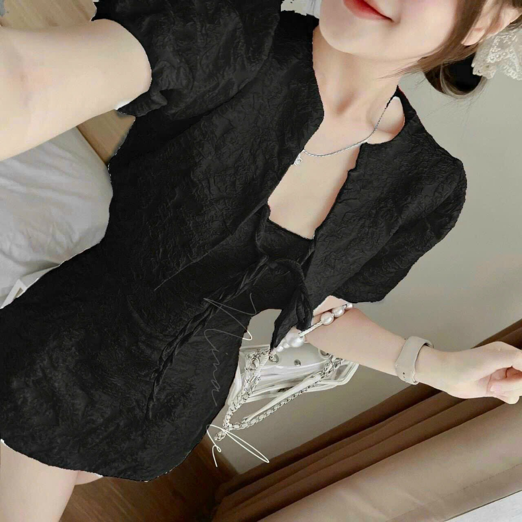 [5.5 Sales Freeship] Đầm tiểu thư đi tiệc, đầm gấm xốp 2 dây kèm áo khoác tay bồng croptop cột dây ngực siêu xinh TH