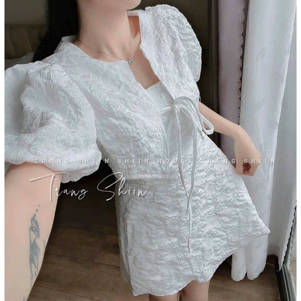 [5.5 Sales Freeship] Đầm tiểu thư đi tiệc, đầm gấm xốp 2 dây kèm áo khoác tay bồng croptop cột dây ngực siêu xinh TH