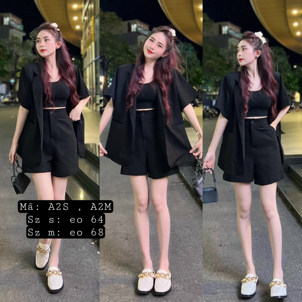 Set đồ 3 món nữ áo Blazer ngắn tay kèm áo croptop ở trong mĩ cùng quần đùi mặc siêu sang cho mấy nàng đi chơi dạo phố