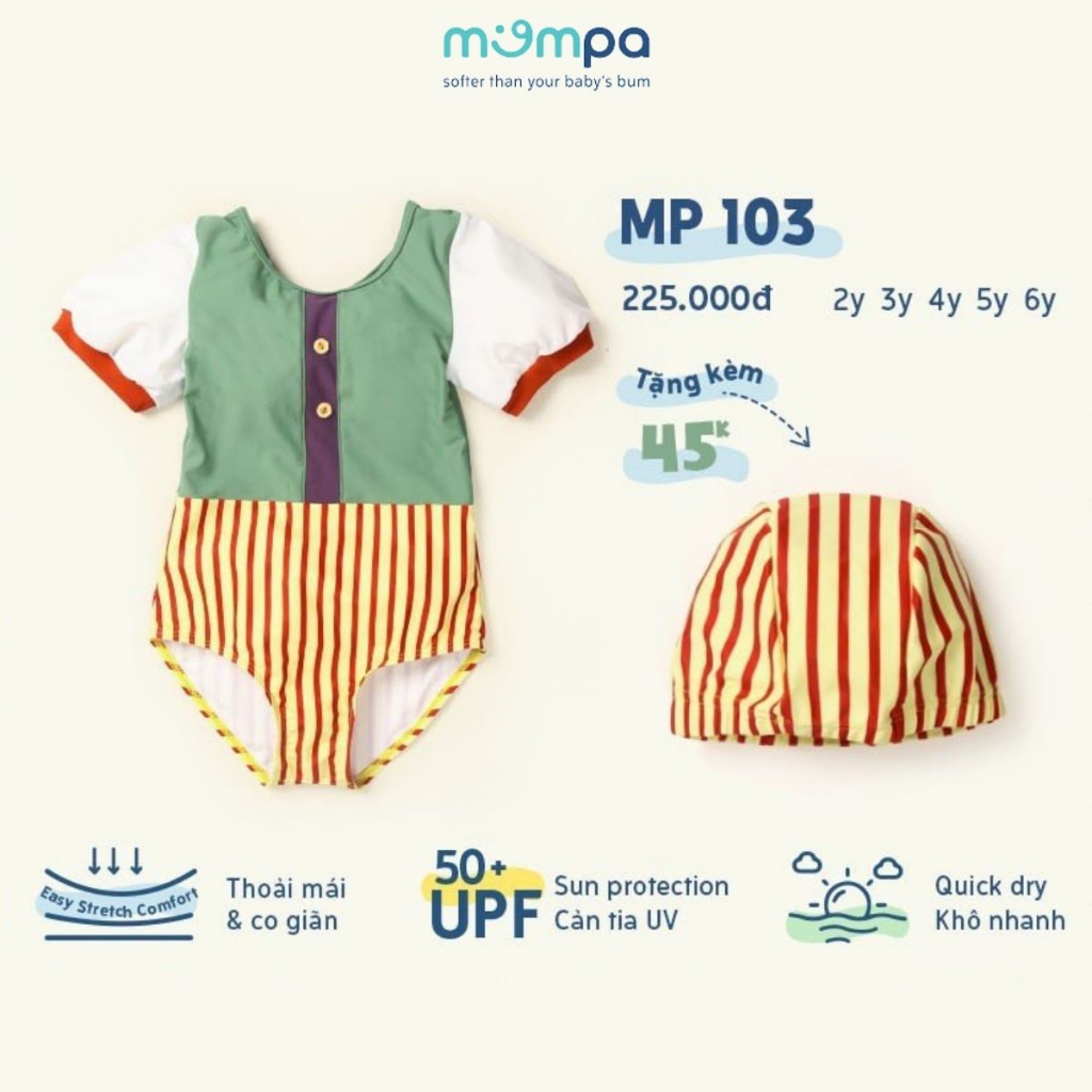 Đồ bơi bé gái Mompa 2-6 tuổi bộ Bikini tặng kèm mũ bơi vải Cotton thoáng mát mềm mát thấm hút nhanh khô 103