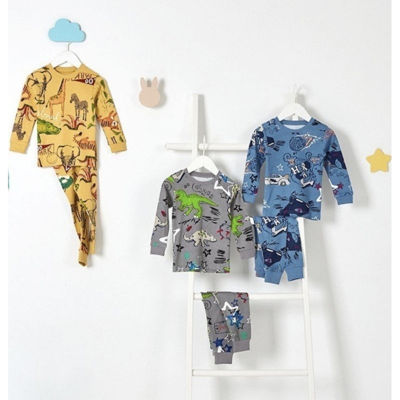 Bộ dài tay thu đông cotton mặc nhà Unifriend xuất Hàn chuẩn hãng siêu nhân khủng long ô tô cho bé trai