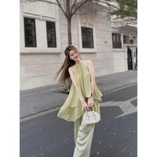 Set áo xanh dập li cổ yếm + quần suông 🌸