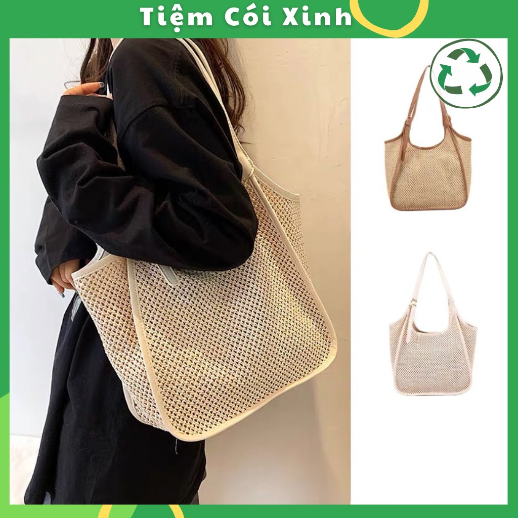 Túi cói tote viền da vintage mẫu mới Tiệm Cói Xinh