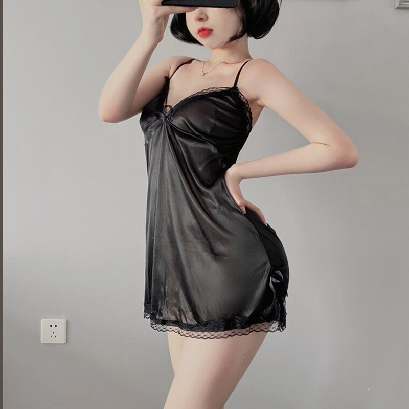 Váy ngủ 2 dây nữ DK23 thun phi bóng siêu sexy gợi cảm kèm quần lót lọt khe.